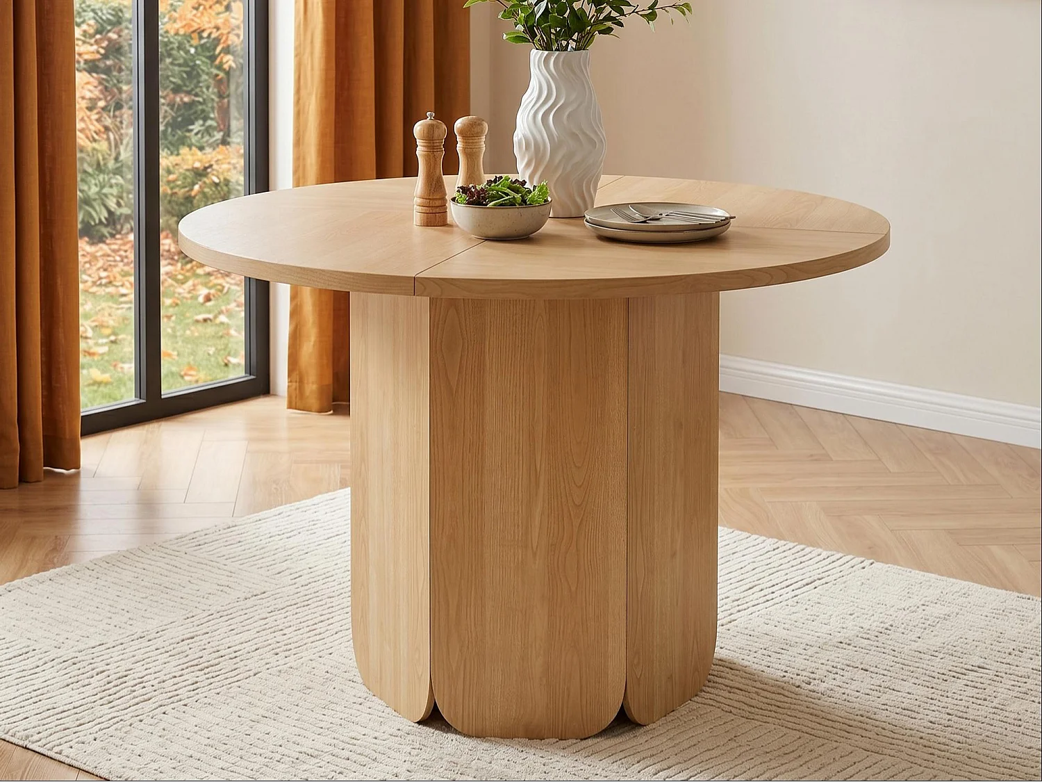 Table de salle à manger ronde 120x120x75cm - 4 à 6 personnes - Style minimaliste - Placage chêne - MDF - Naturel