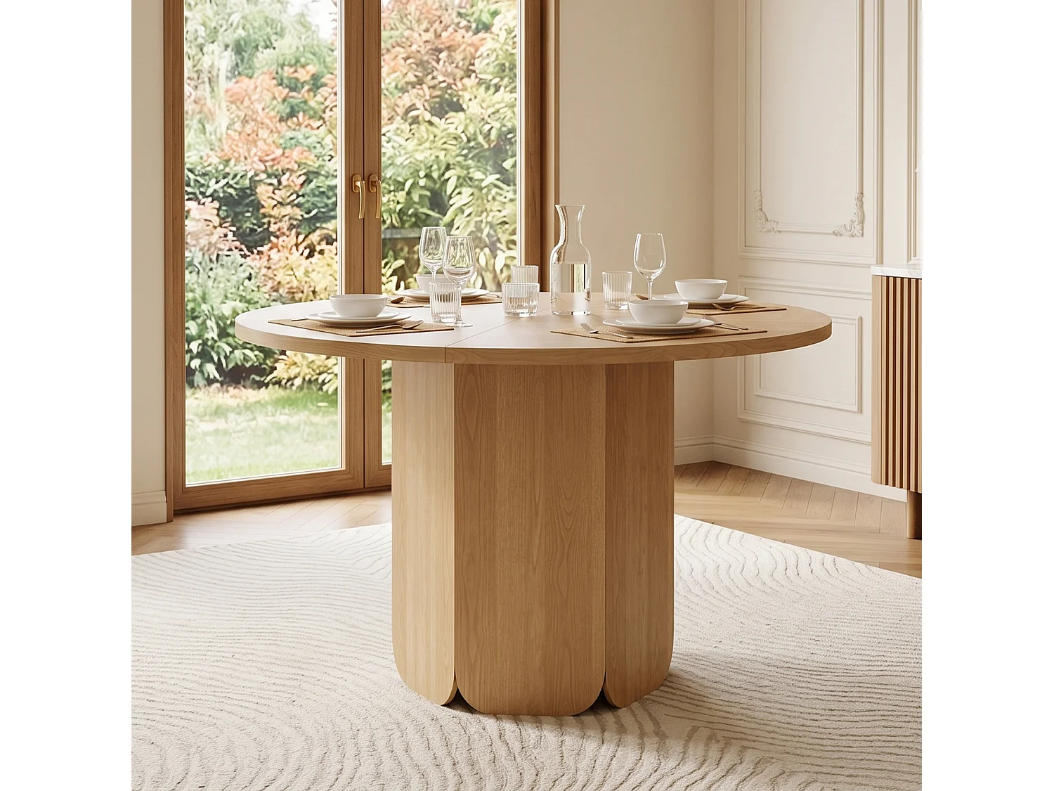 Table de salle à manger ronde 120x120x75cm - 4 à 6 personnes - Style minimaliste - Placage chêne - MDF - Naturel