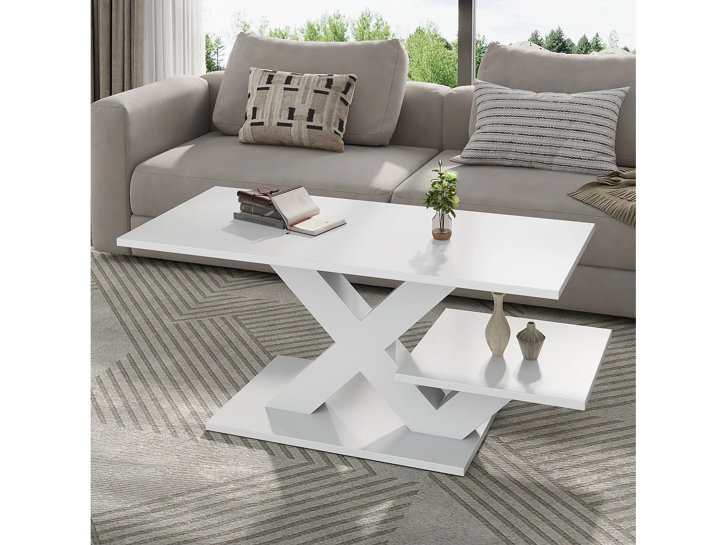 Table basse rectangulaire 100 x 50 x 35 cm - Plateau double face - Finition brillante - Pieds en X - Blanc