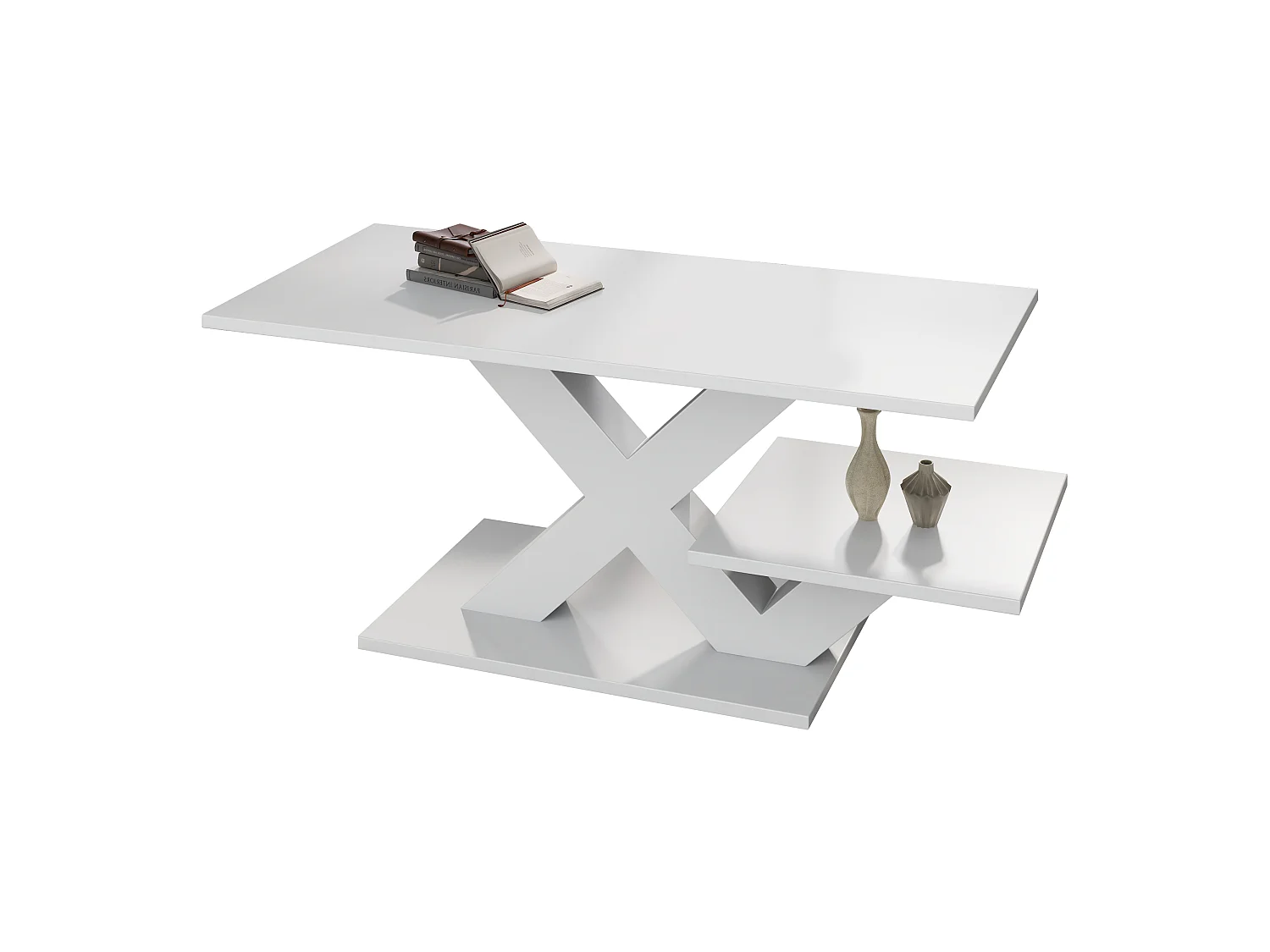 Table basse rectangulaire 100 x 50 x 35 cm - Plateau double face - Finition brillante - Pieds en X - Blanc