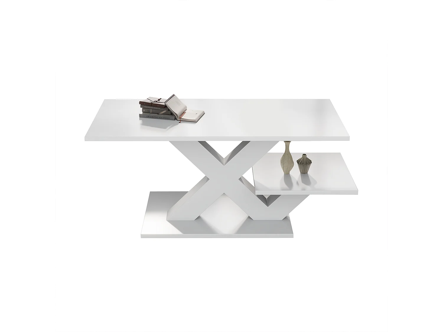 Table basse rectangulaire 100 x 50 x 35 cm - Plateau double face - Finition brillante - Pieds en X - Blanc