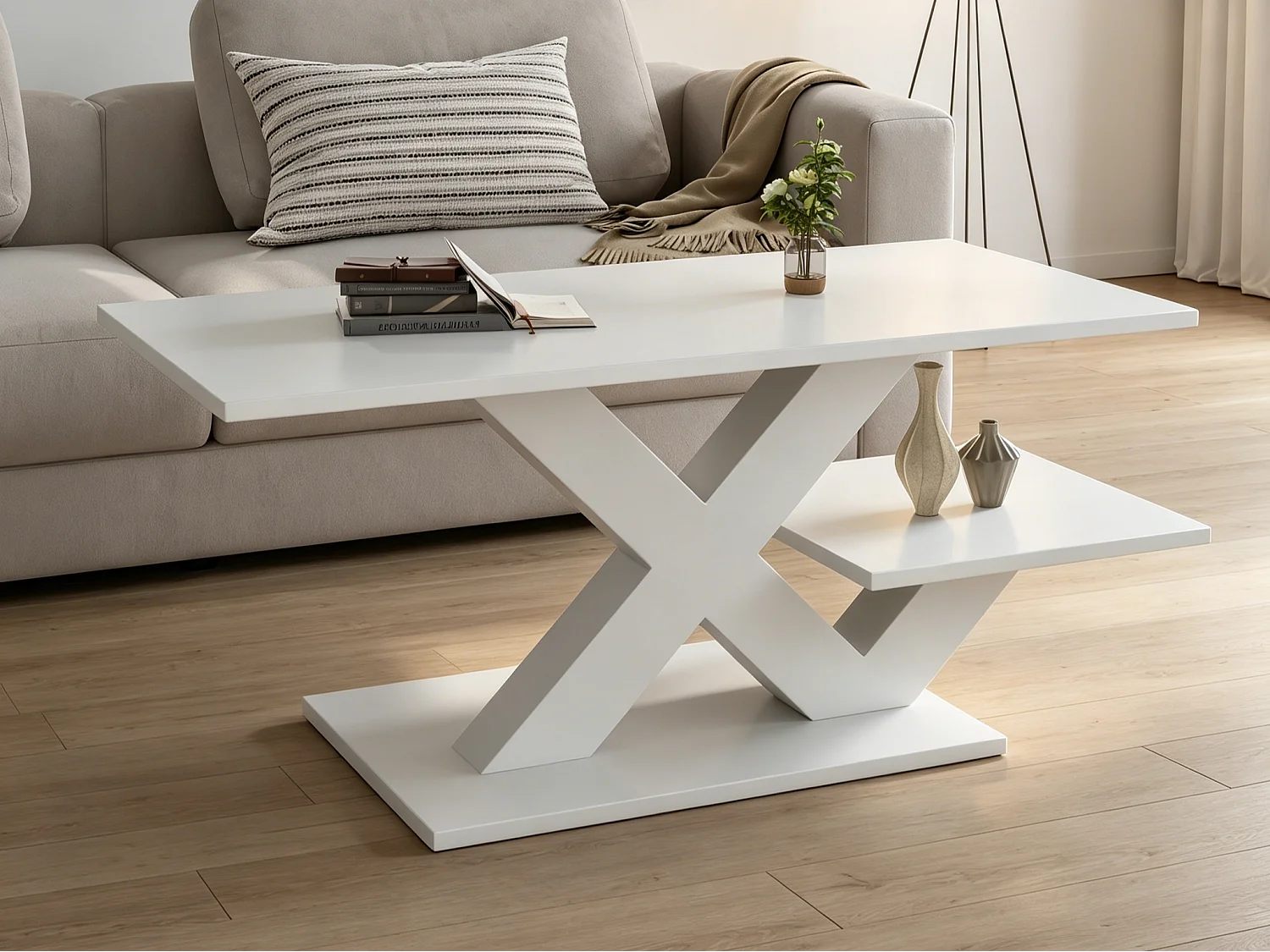 Table basse rectangulaire 100 x 50 x 35 cm - Plateau double face - Finition brillante - Pieds en X - Blanc