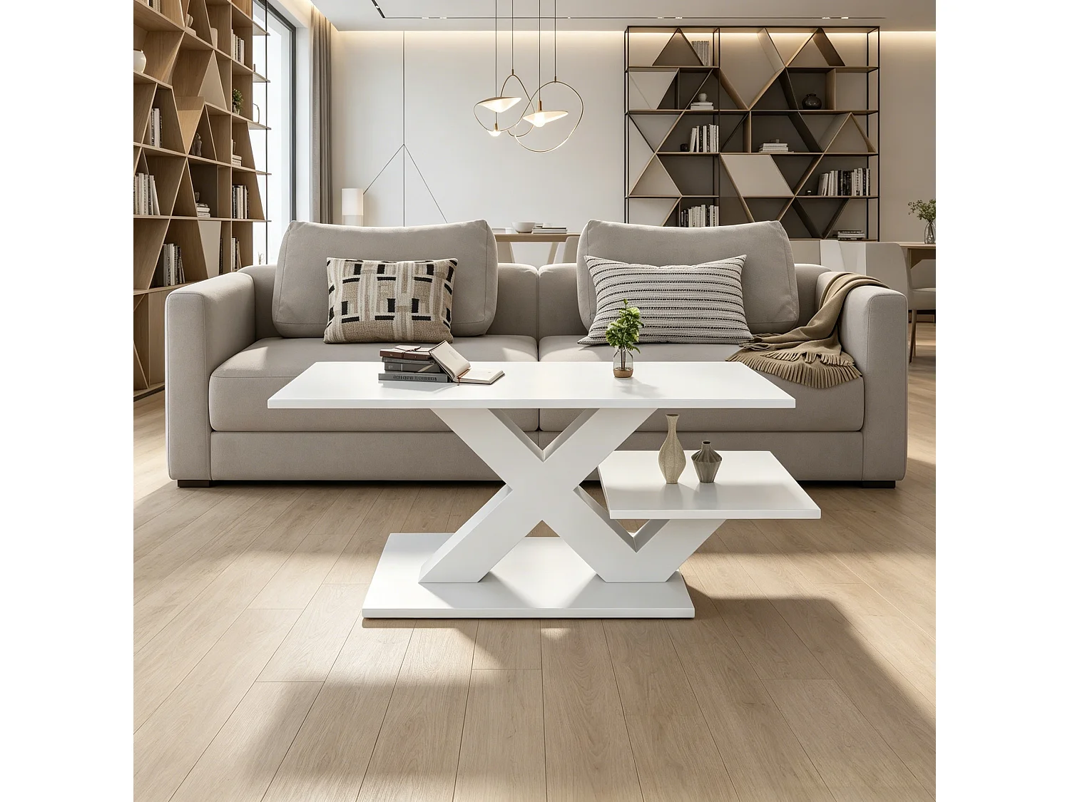 Table basse rectangulaire 100 x 50 x 35 cm - Plateau double face - Finition brillante - Pieds en X - Blanc
