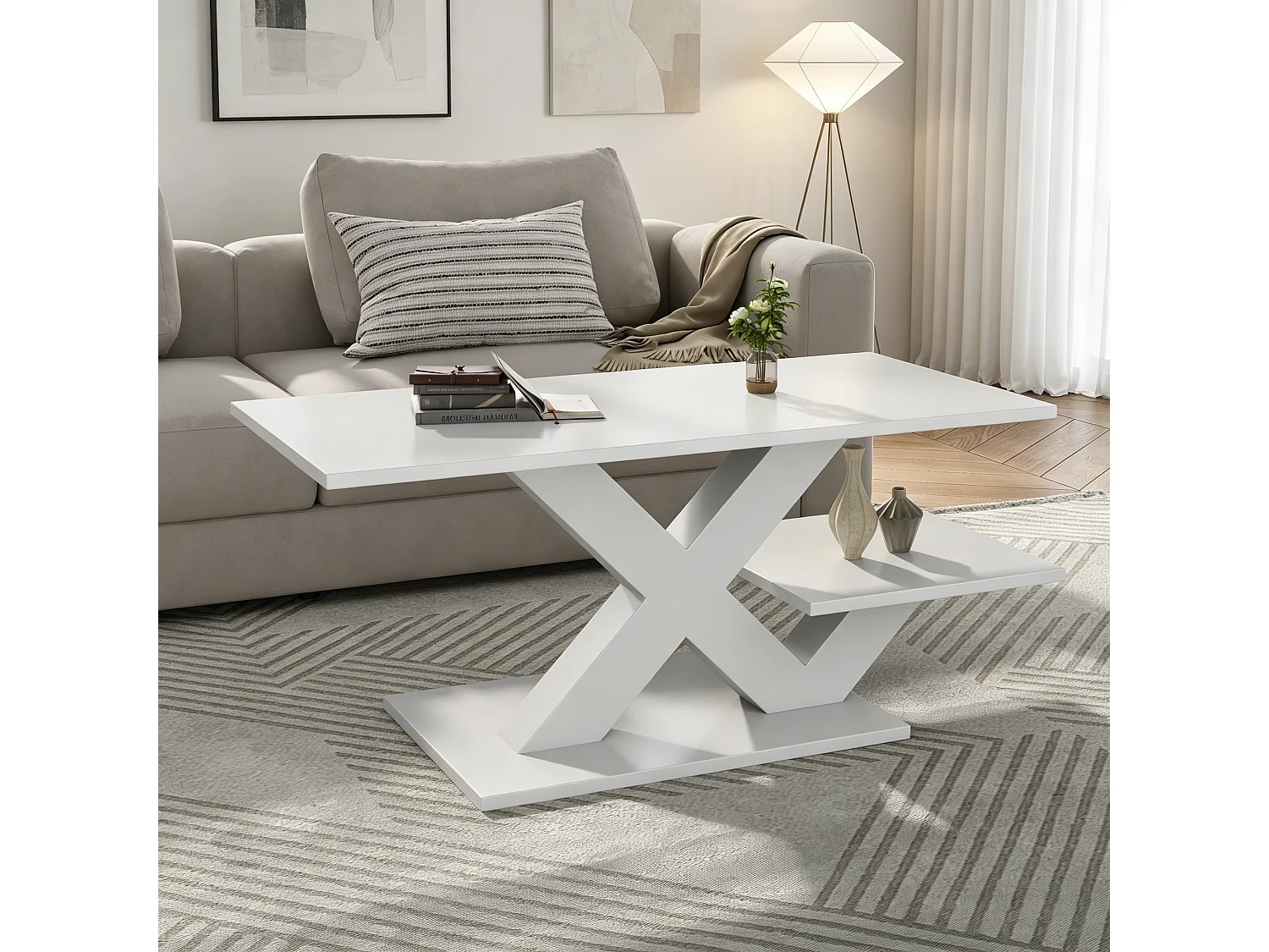 Table basse rectangulaire 100 x 50 x 35 cm - Plateau double face - Finition brillante - Pieds en X - Blanc