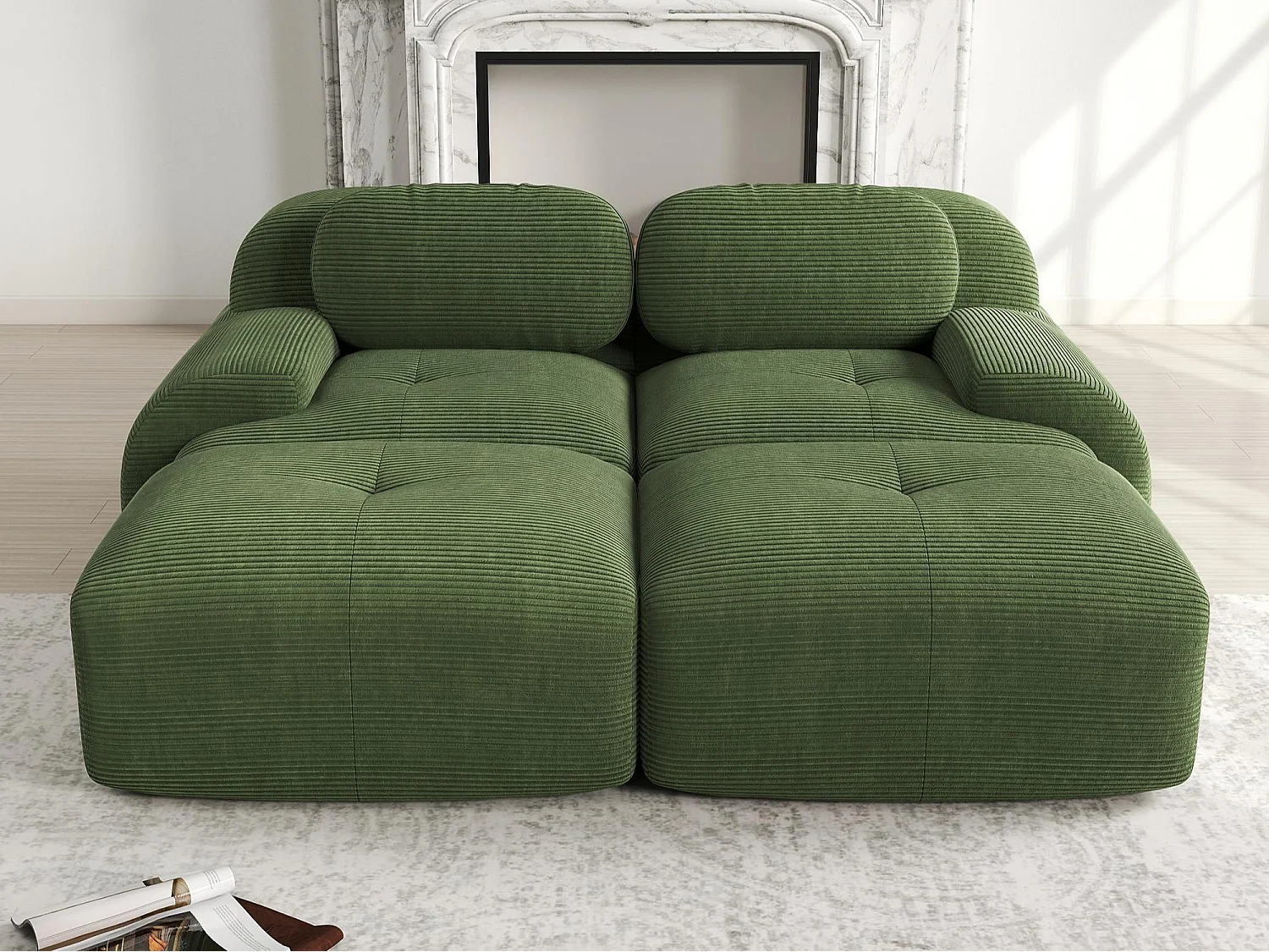 Canapé deux places sans cadre - Modulaire et combinable - chaise longue - Tissu très élastique - Velours côtelé - Vert