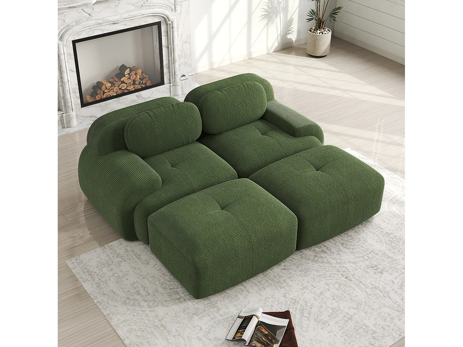 Canapé deux places sans cadre - Modulaire et combinable - chaise longue - Tissu très élastique - Velours côtelé - Vert