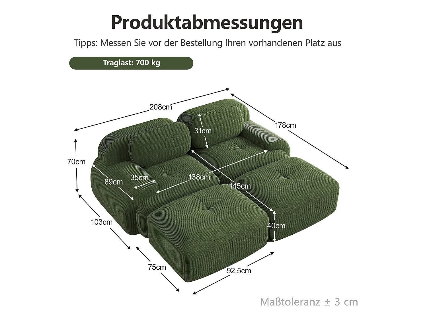 Canapé deux places sans cadre - Modulaire et combinable - chaise longue - Tissu très élastique - Velours côtelé - Vert