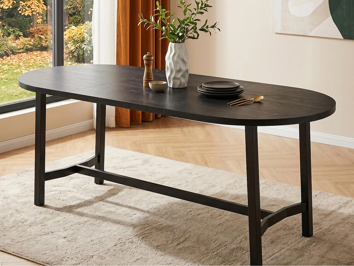 Table à manger 180 x 80 x 75 cm - 6 à 8 personnes - Angles arrondis - Style minimaliste - Pieds en fer - Noir