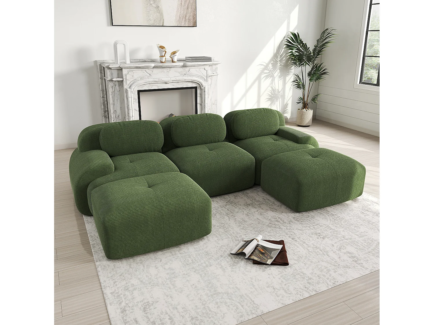U-formet modulsofa - rammeløst design - Meget elastisk stof - Fløjlsriflet stof - Kræver ingen montering - Grøn