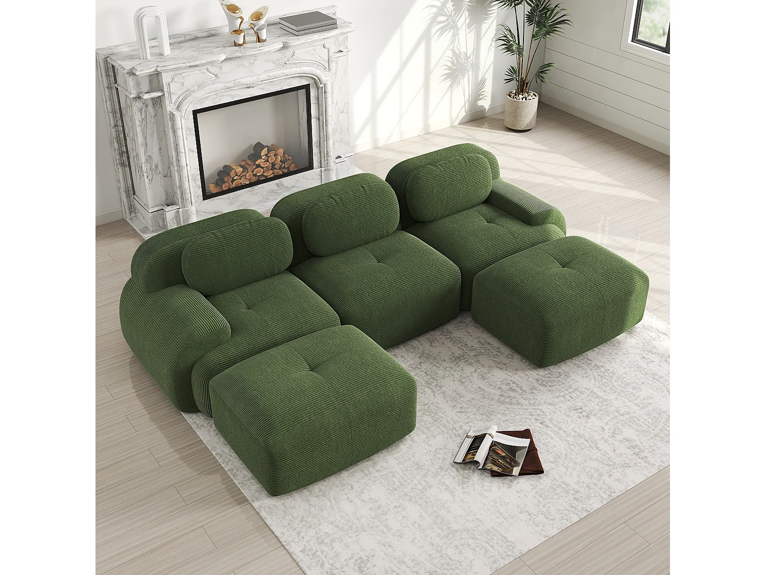 U-formet modulsofa - rammeløst design - Meget elastisk stof - Fløjlsriflet stof - Kræver ingen montering - Grøn
