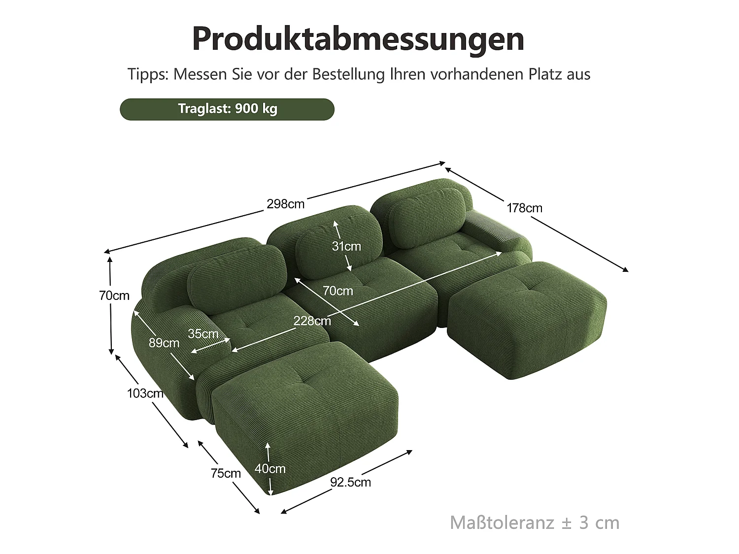 U-formet modulsofa - rammeløst design - Meget elastisk stof - Fløjlsriflet stof - Kræver ingen montering - Grøn