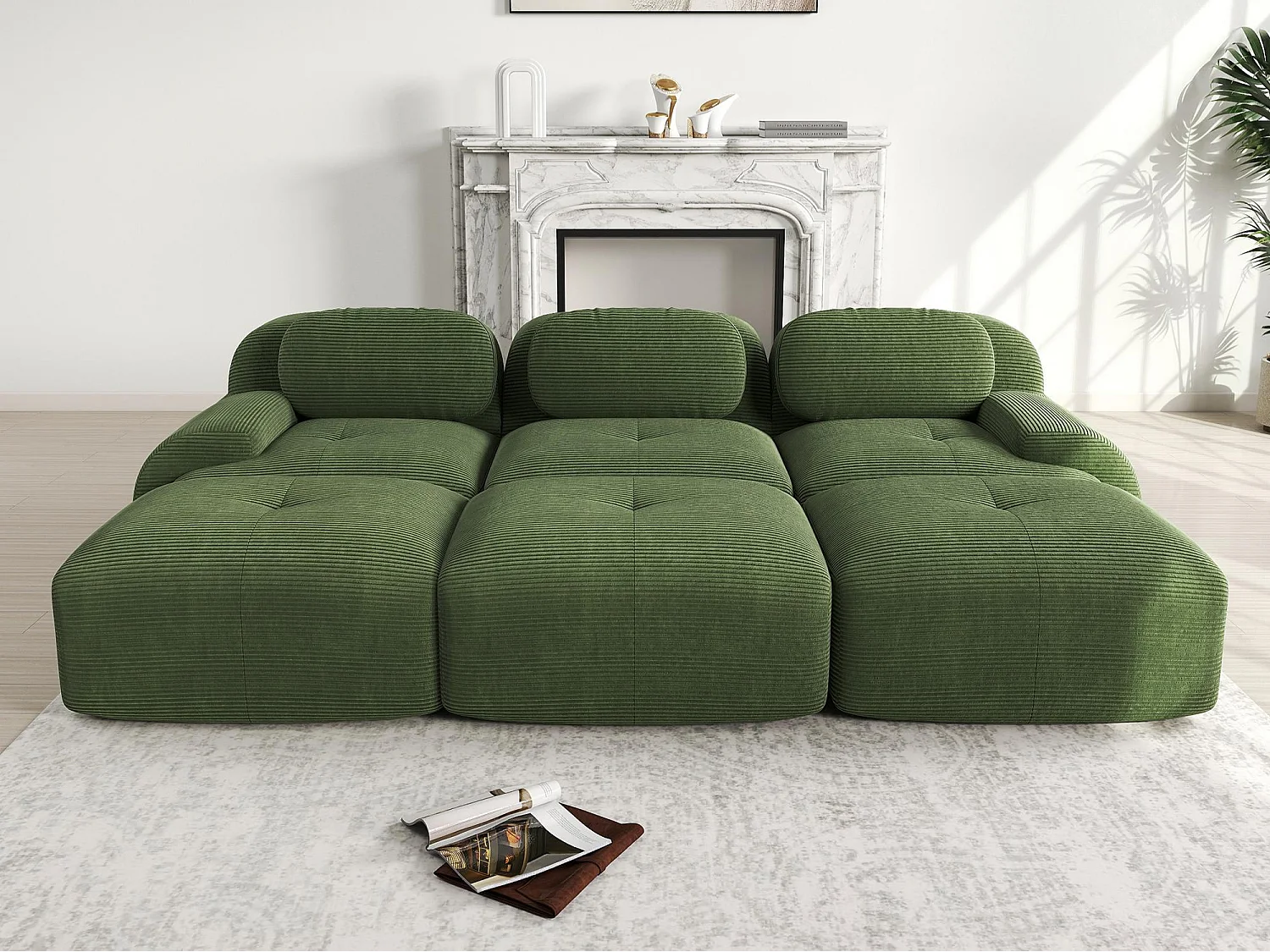 Rammeløs 3-personers sofa - med tre fodskamler - Modulopbygget og kan kombineres - Meget elastisk stof - Fløjlsriflet stof - Grøn