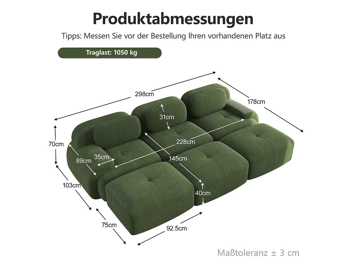 Rammeløs 3-personers sofa - med tre fodskamler - Modulopbygget og kan kombineres - Meget elastisk stof - Fløjlsriflet stof - Grøn