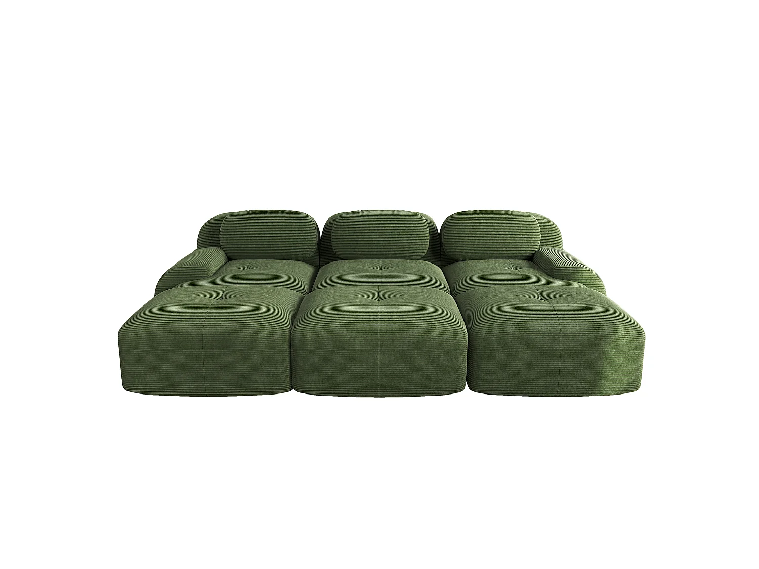 Rammeløs 3-personers sofa - med tre fodskamler - Modulopbygget og kan kombineres - Meget elastisk stof - Fløjlsriflet stof - Grøn