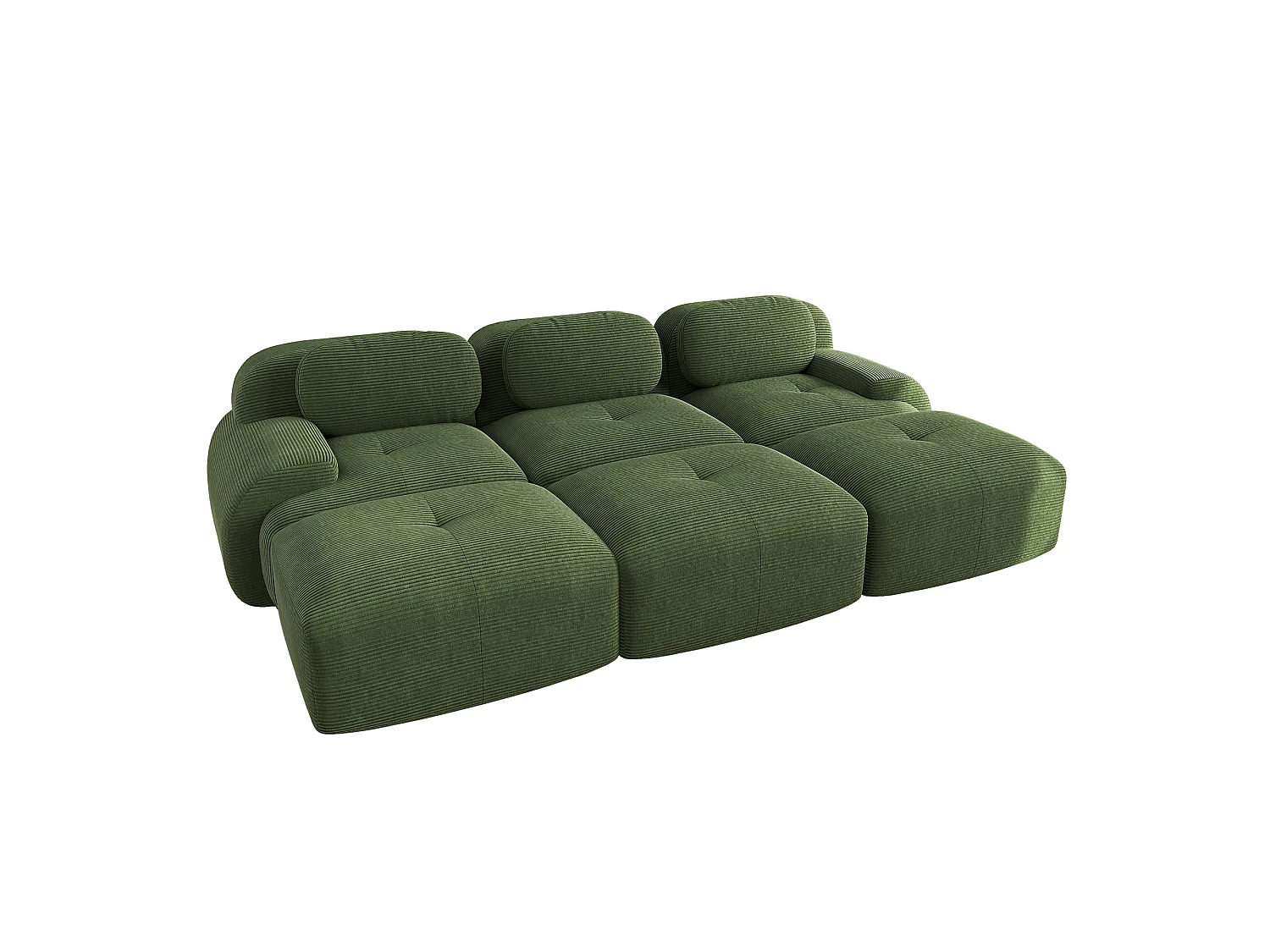 Rammeløs 3-personers sofa - med tre fodskamler - Modulopbygget og kan kombineres - Meget elastisk stof - Fløjlsriflet stof - Grøn