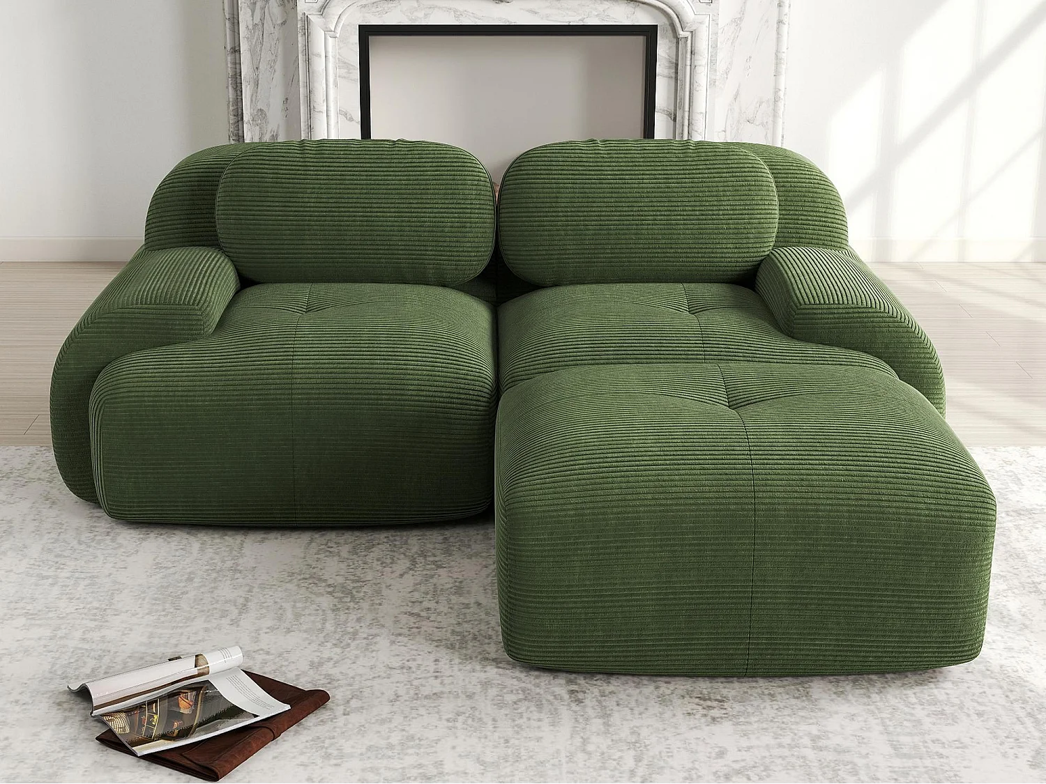 Canapé d'angle sans cadre - Modulaire et combinable - Tissu très élastique - Velours côtelé - Vert