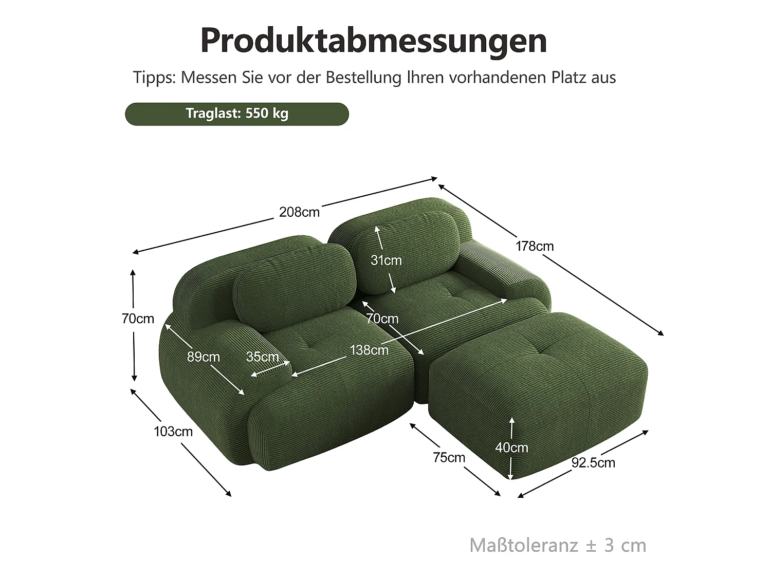 Canapé d'angle sans cadre - Modulaire et combinable - Tissu très élastique - Velours côtelé - Vert