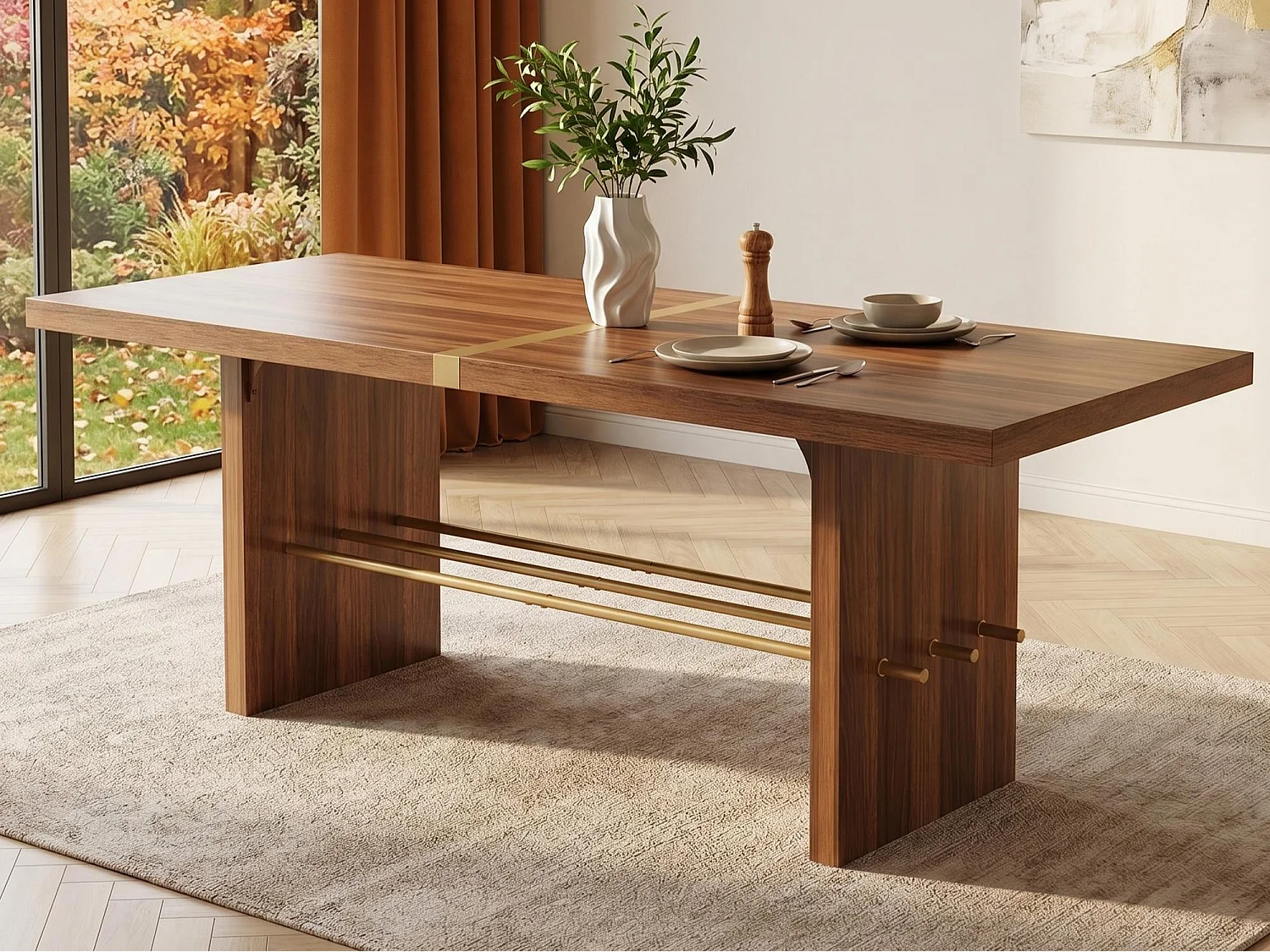 Table à manger moderne 180x75x75 cm - Idéale pour 6 à 8 personnes - Plateau de 4 cm d'épaisseur - Coloris noyer et doré