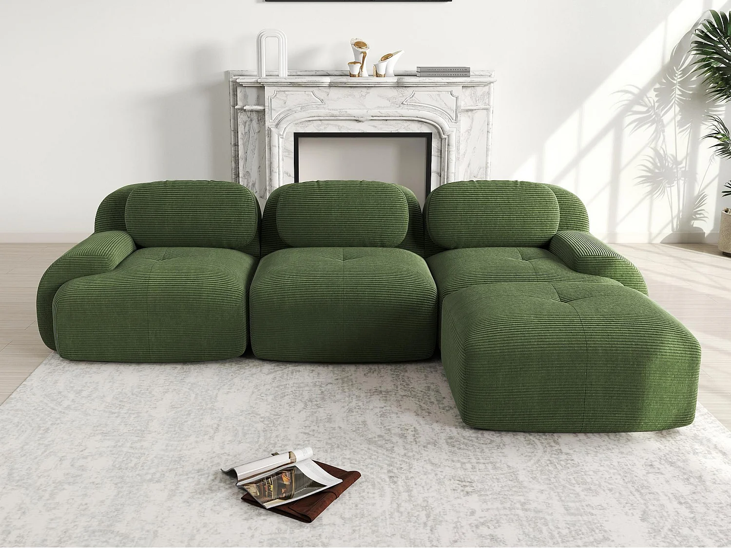 Canapé d'angle 3 places sans cadre - Modulaire et combinable - Tissu très élastique - Velours côtelé - Vert