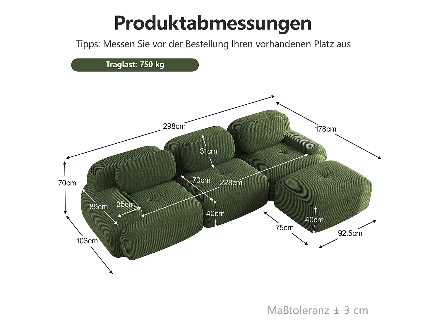 Canapé d'angle 3 places sans cadre - Modulaire et combinable - Tissu très élastique - Velours côtelé - Vert