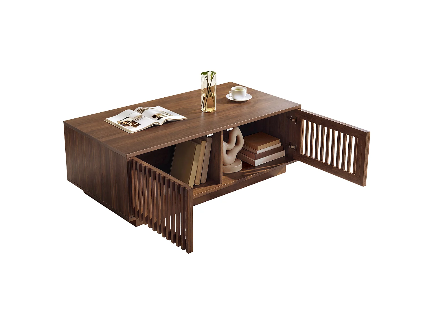Table basse rectangulaire 100 x 50 x 35 cm - 2 portes - Design ajouré - Panneaux de particules et MDF - Marron