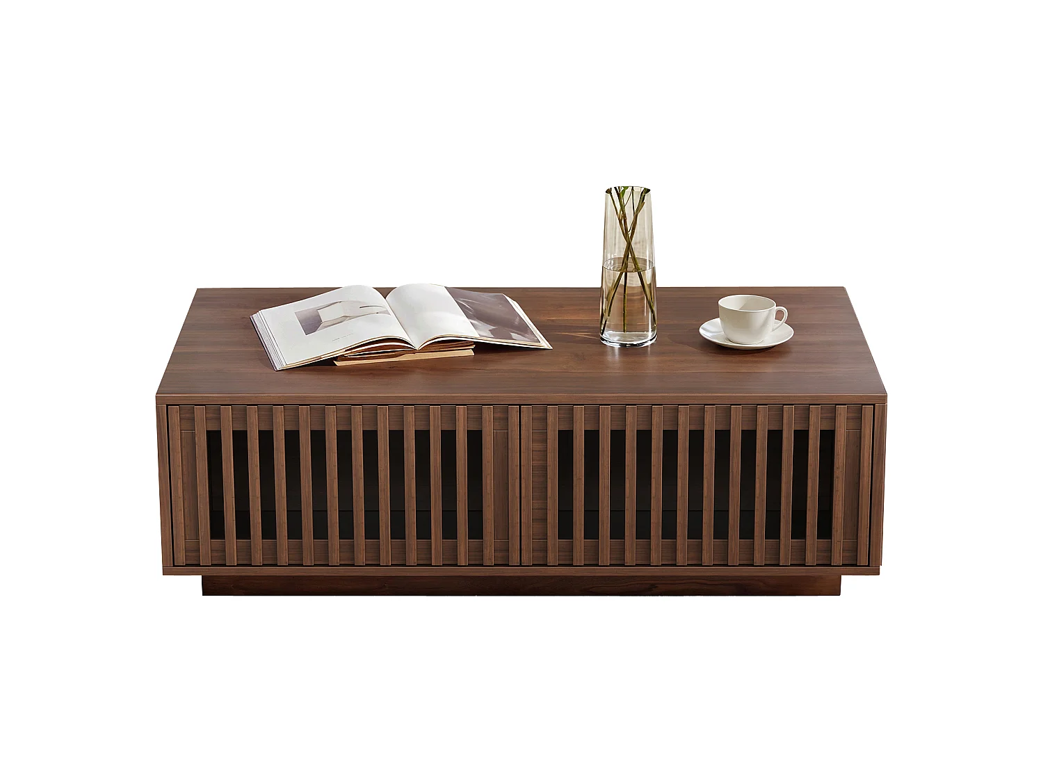 Table basse rectangulaire 100 x 50 x 35 cm - 2 portes - Design ajouré - Panneaux de particules et MDF - Marron