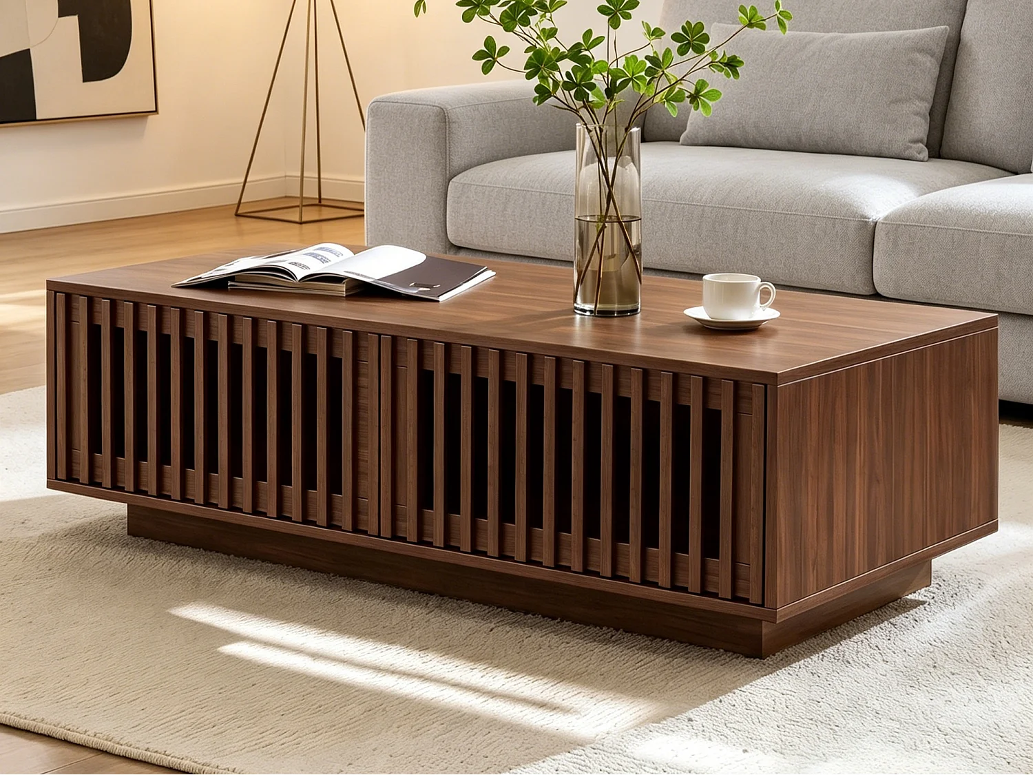 Table basse rectangulaire 100 x 50 x 35 cm - 2 portes - Design ajouré - Panneaux de particules et MDF - Marron