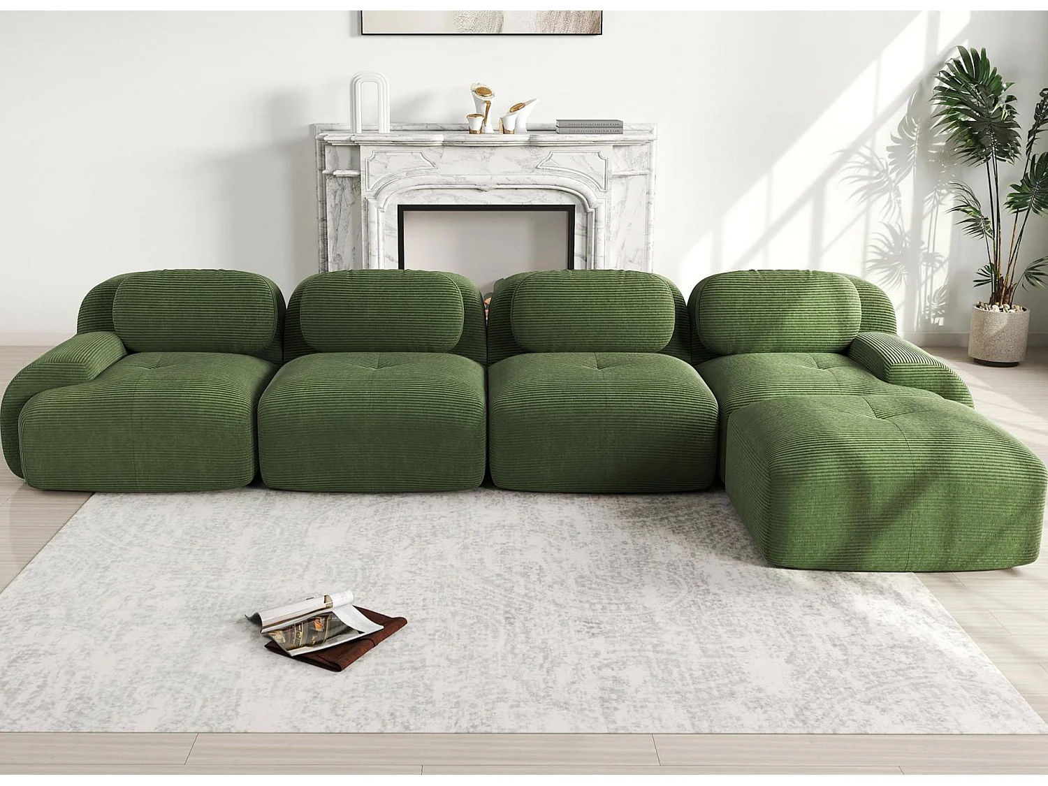 Canapé d'angle 4 places sans cadre - Modulaire et combinable - Tissu très élastique - Velours côtelé - Vert