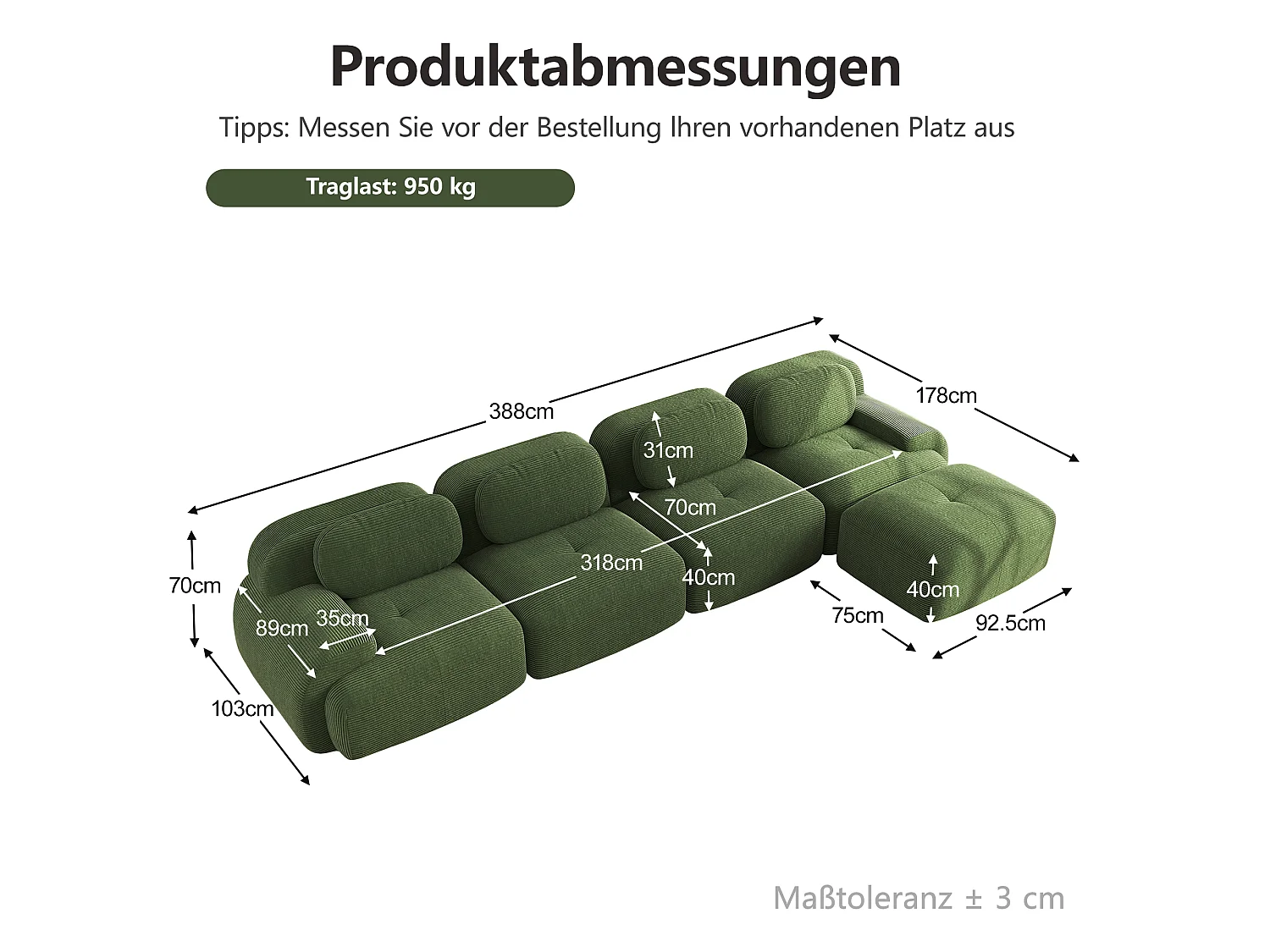 Canapé d'angle 4 places sans cadre - Modulaire et combinable - Tissu très élastique - Velours côtelé - Vert