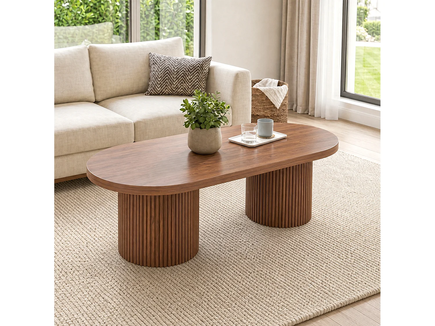 Table basse ovale 100x50x35 cm - Table d'appoint moderne - Piètement colonne romaine - MDF - Marron