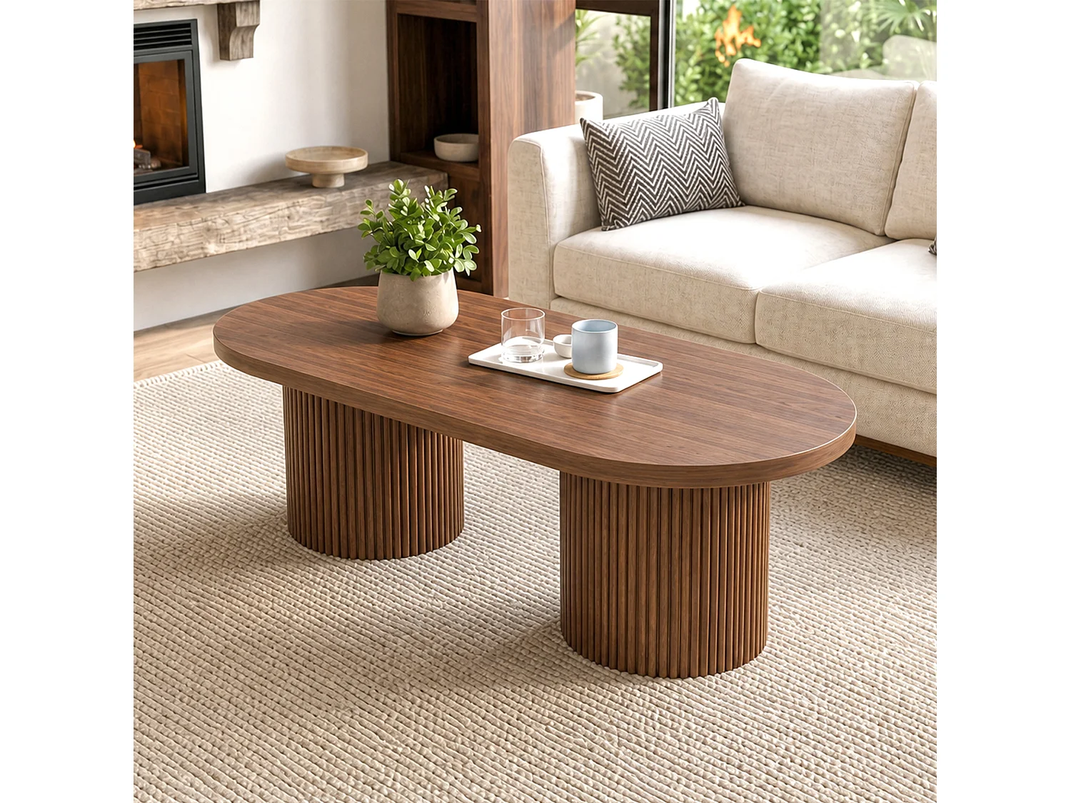 Table basse ovale 100x50x35 cm - Table d'appoint moderne - Piètement colonne romaine - MDF - Marron