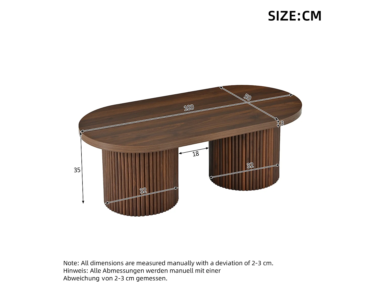 Table basse ovale 100x50x35 cm - Table d'appoint moderne - Piètement colonne romaine - MDF - Marron