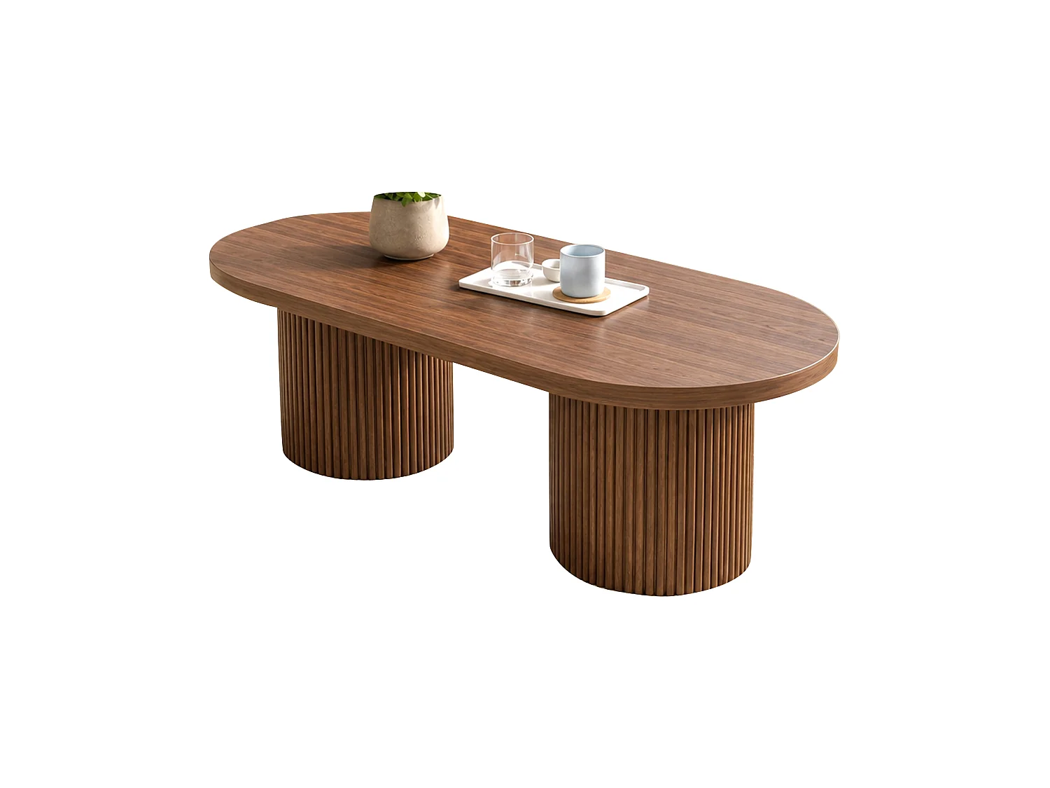 Table basse ovale 100x50x35 cm - Table d'appoint moderne - Piètement colonne romaine - MDF - Marron