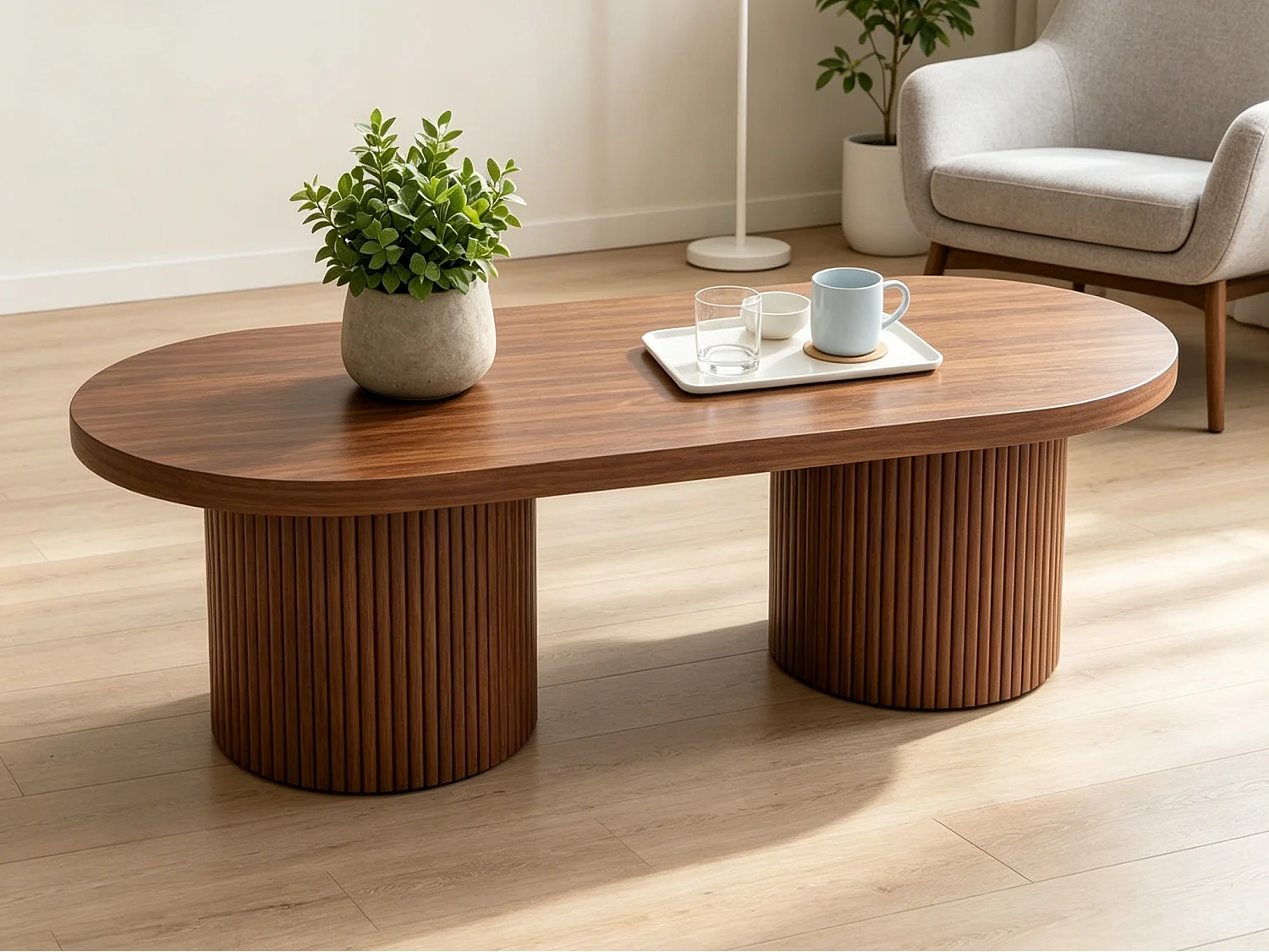Table basse ovale 100x50x35 cm - Table d'appoint moderne - Piètement colonne romaine - MDF - Marron