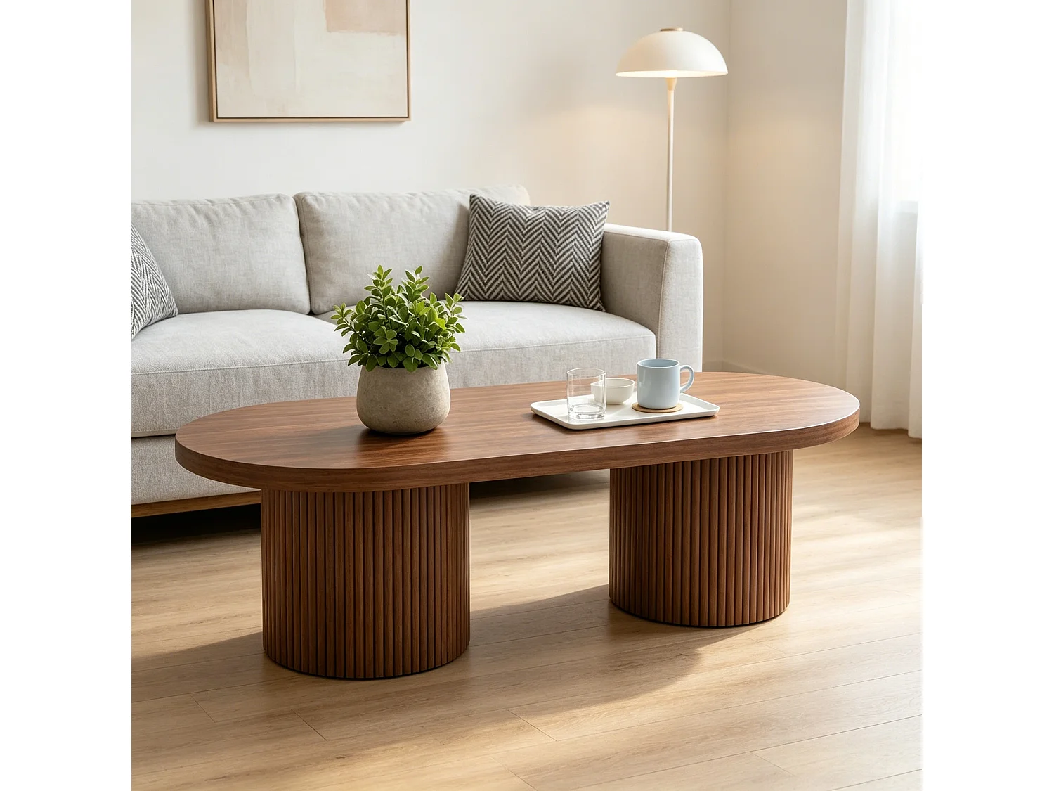 Table basse ovale 100x50x35 cm - Table d'appoint moderne - Piètement colonne romaine - MDF - Marron