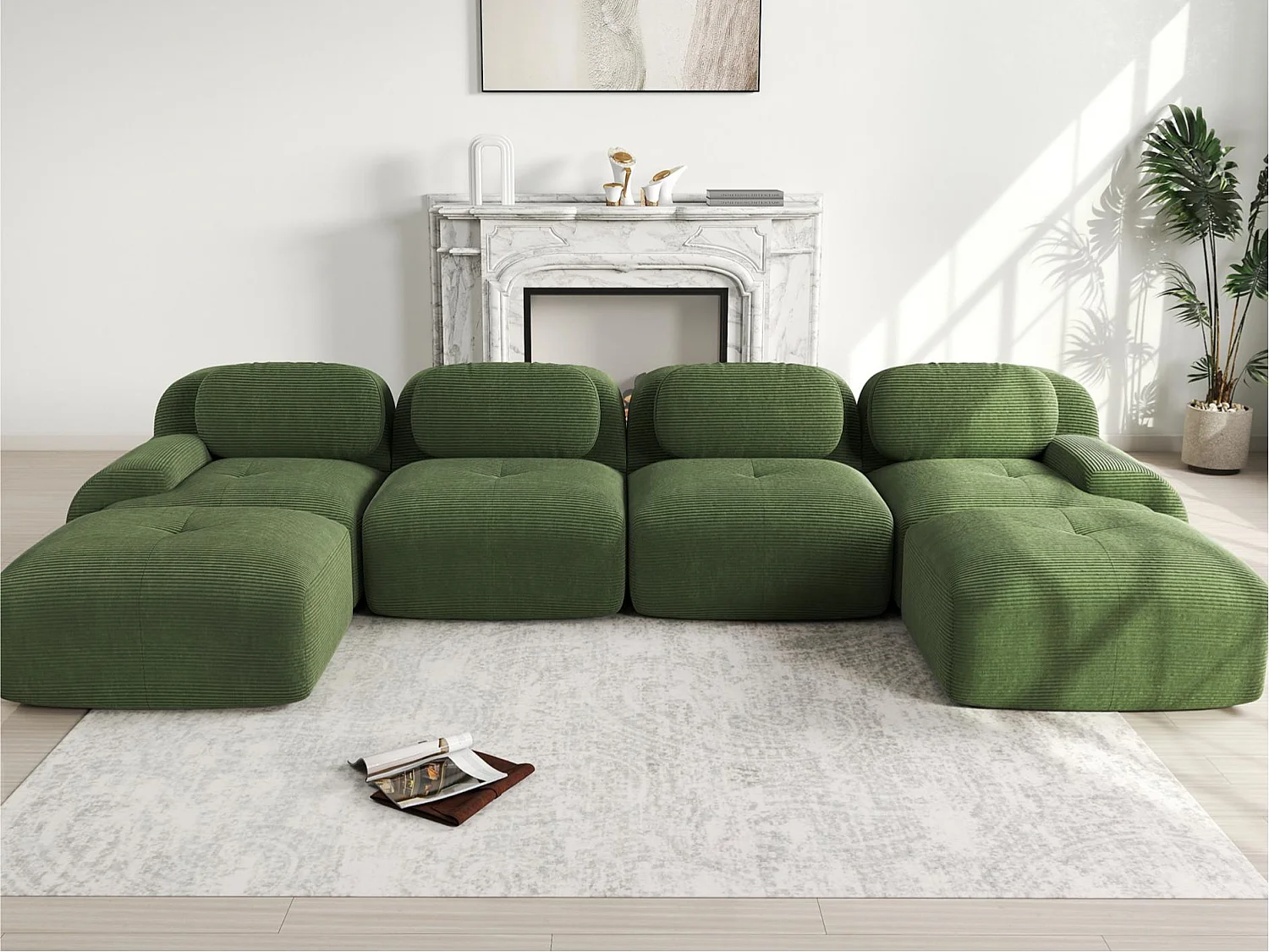 Canapé modulaire en forme de U - conception sans cadre - Tissu très élastique - Velours côtelé - Aucun assemblage requis - Vert