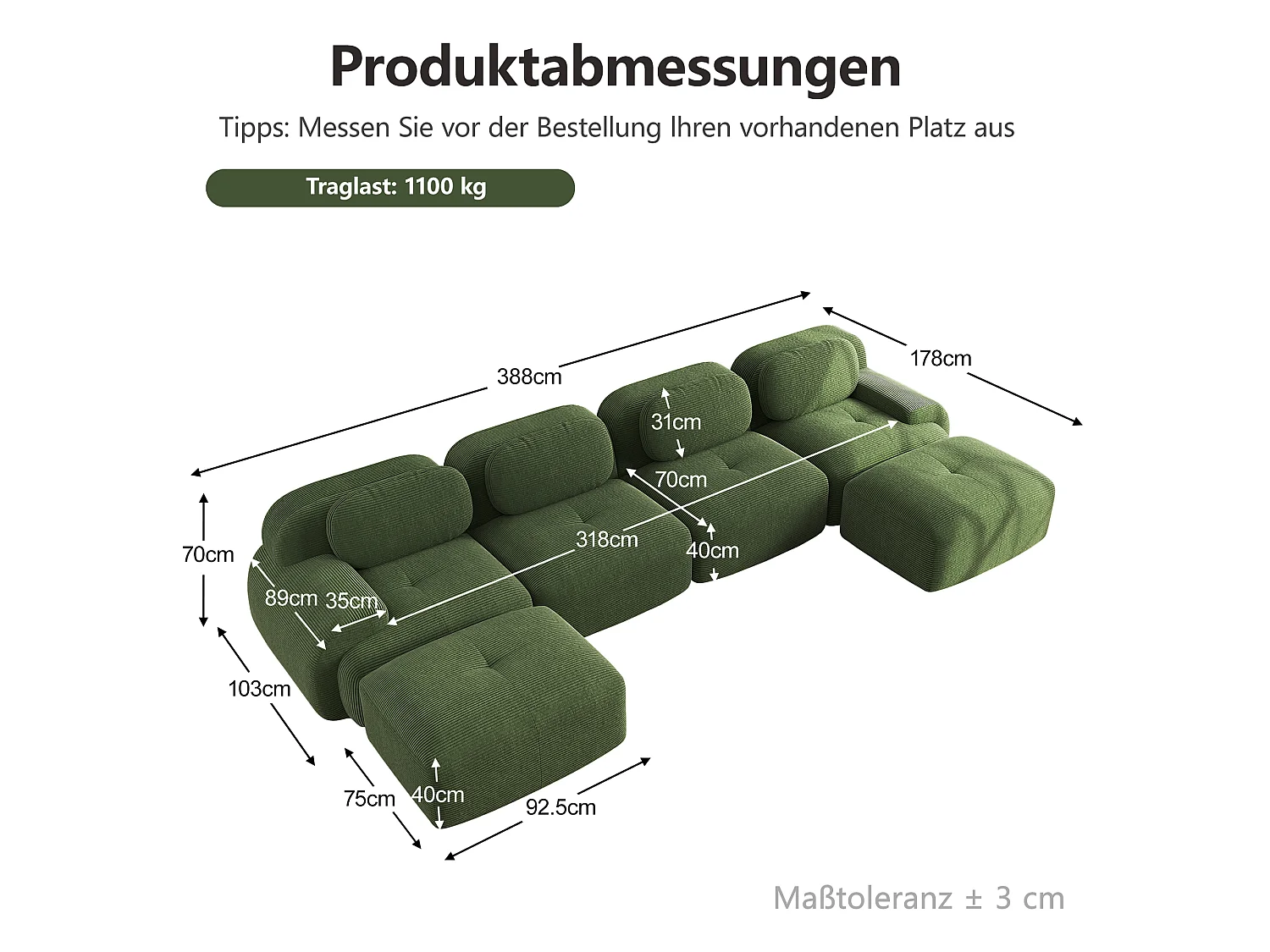Canapé modulaire en forme de U - conception sans cadre - Tissu très élastique - Velours côtelé - Aucun assemblage requis - Vert