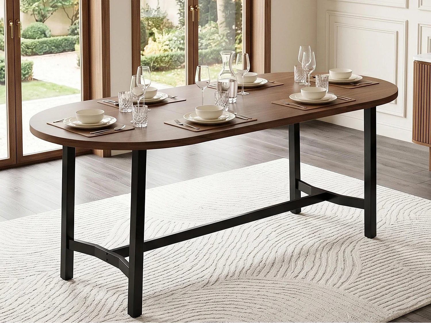 Table à manger 180 x 80 x 75 cm - 6 à 8 personnes - Angles arrondis - Style minimaliste - Pieds en fer - Couleur noyer