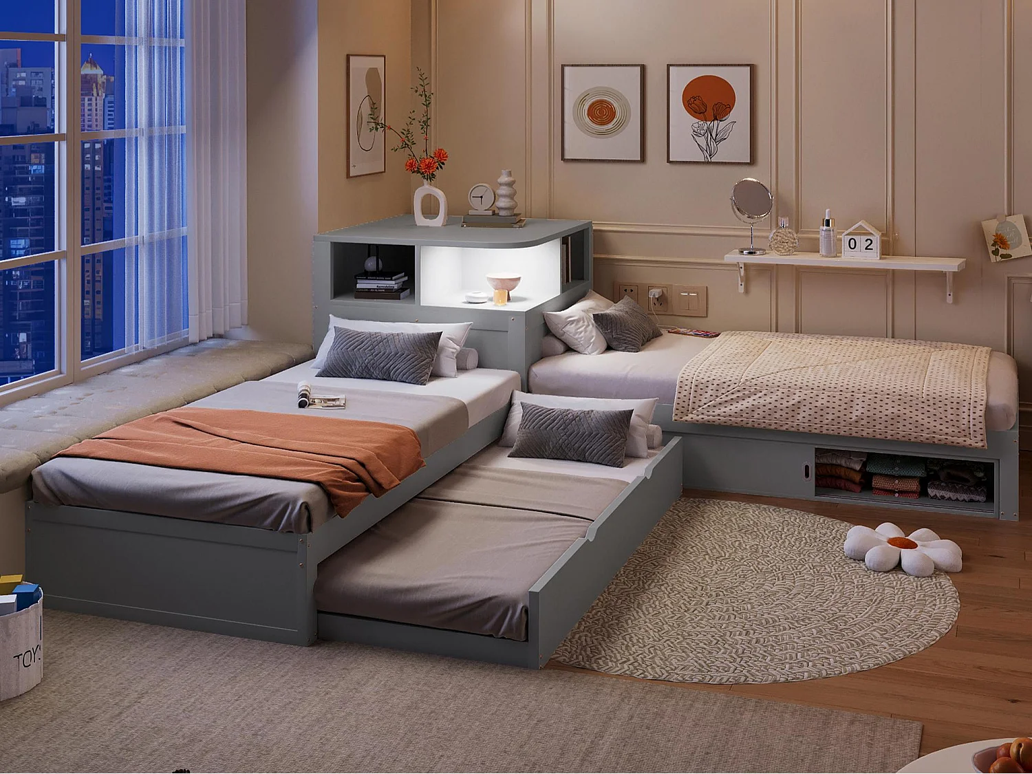 Lit double en L 90x200 cm - Lit gigogne avec rangement intégré et porte coulissante - Éclairage LED - MDF - Gris (sans matelas)