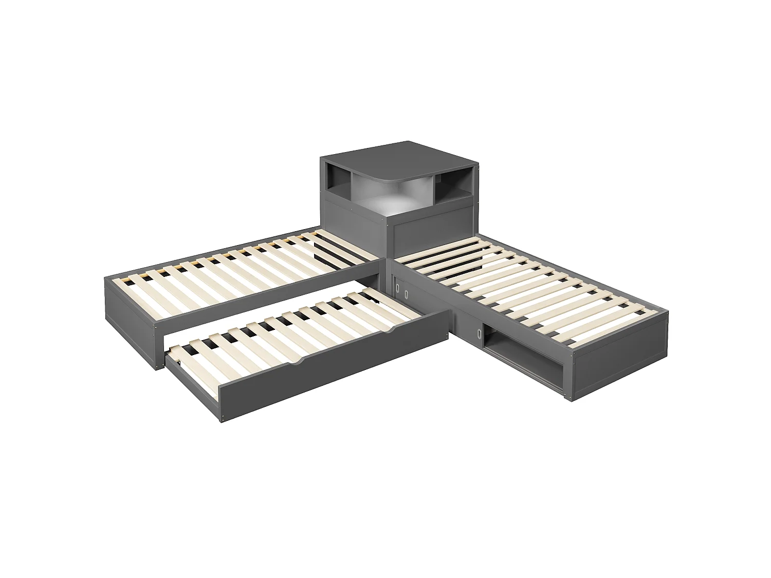Lit double en L 90x200 cm - Lit gigogne avec rangement intégré et porte coulissante - Éclairage LED - MDF - Gris (sans matelas)