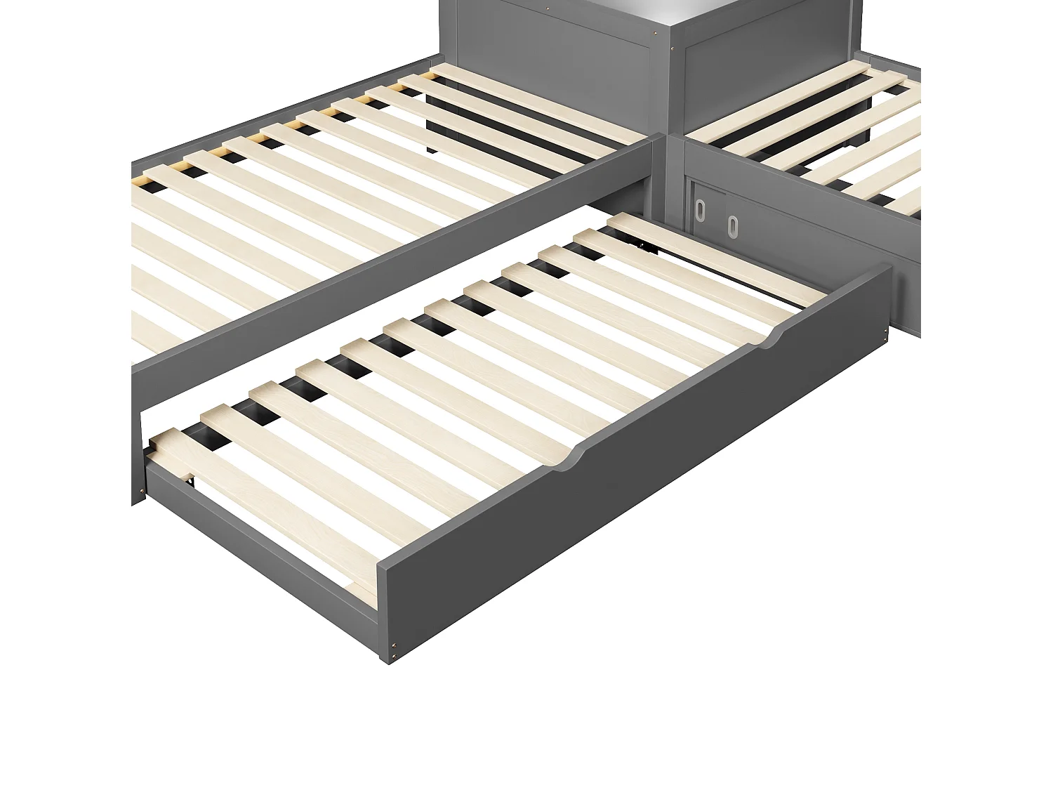 Lit double en L 90x200 cm - Lit gigogne avec rangement intégré et porte coulissante - Éclairage LED - MDF - Gris (sans matelas)