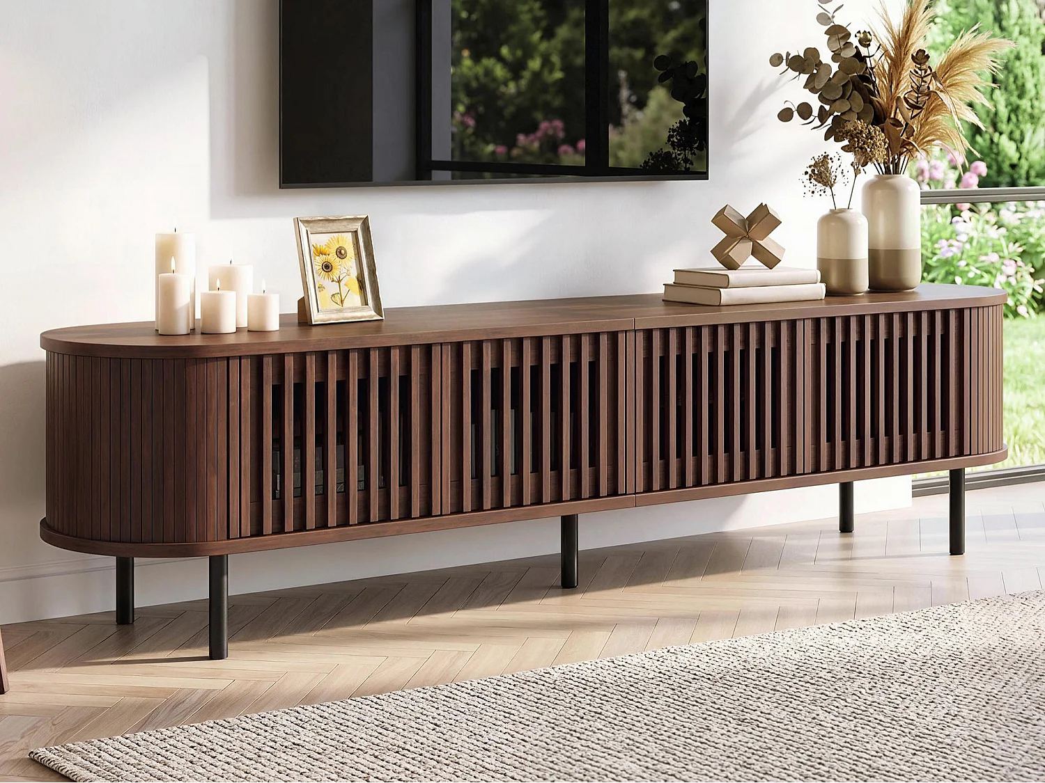 Meuble TV moderne 178x39,5x49,5 cm - 4 portes - Convient aux TV jusqu'à 75 pouces - MDF - Marron