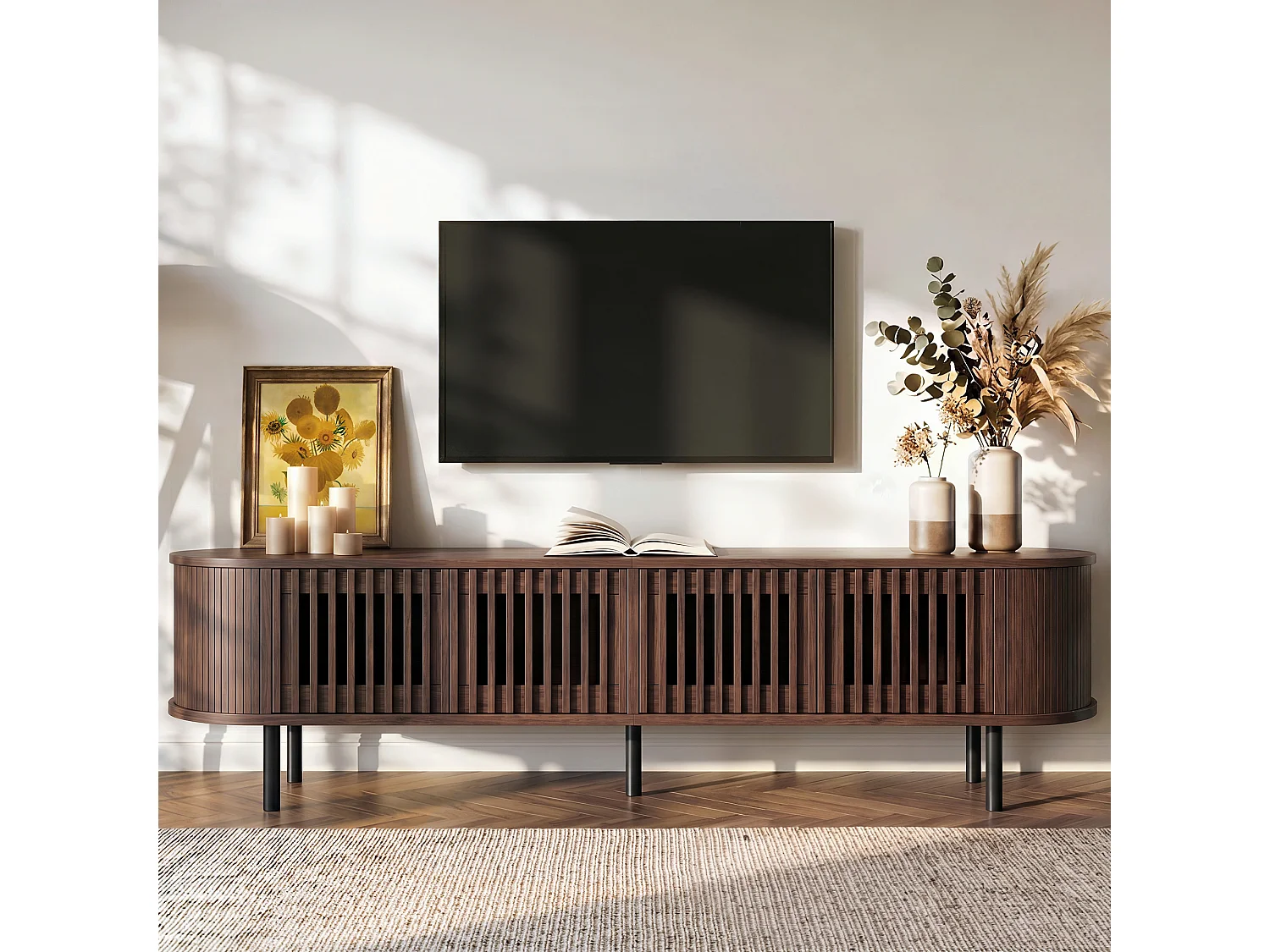 Meuble TV moderne 178x39,5x49,5 cm - 4 portes - Convient aux TV jusqu'à 75 pouces - MDF - Marron