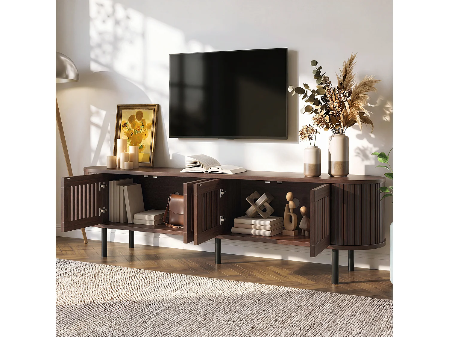Meuble TV moderne 178x39,5x49,5 cm - 4 portes - Convient aux TV jusqu'à 75 pouces - MDF - Marron