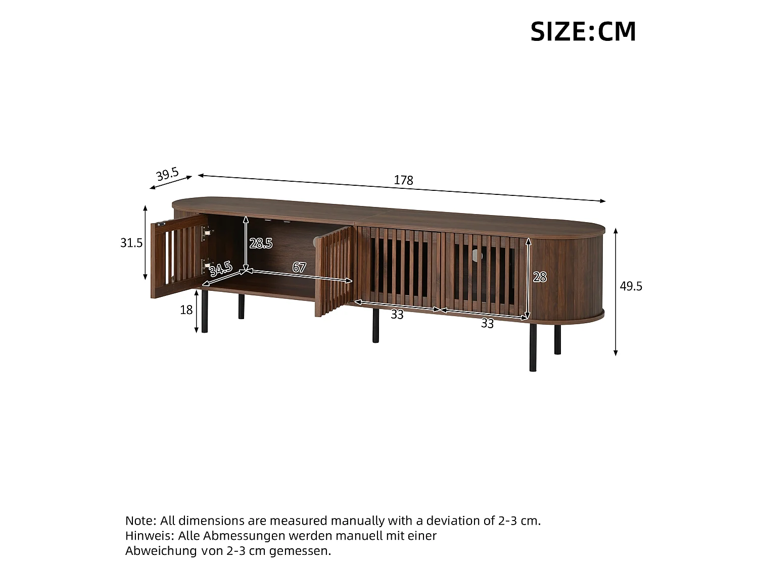 Meuble TV moderne 178x39,5x49,5 cm - 4 portes - Convient aux TV jusqu'à 75 pouces - MDF - Marron
