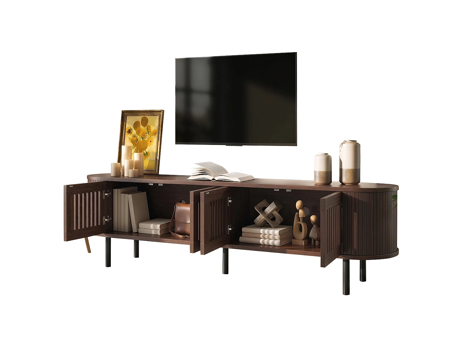 Meuble TV moderne 178x39,5x49,5 cm - 4 portes - Convient aux TV jusqu'à 75 pouces - MDF - Marron