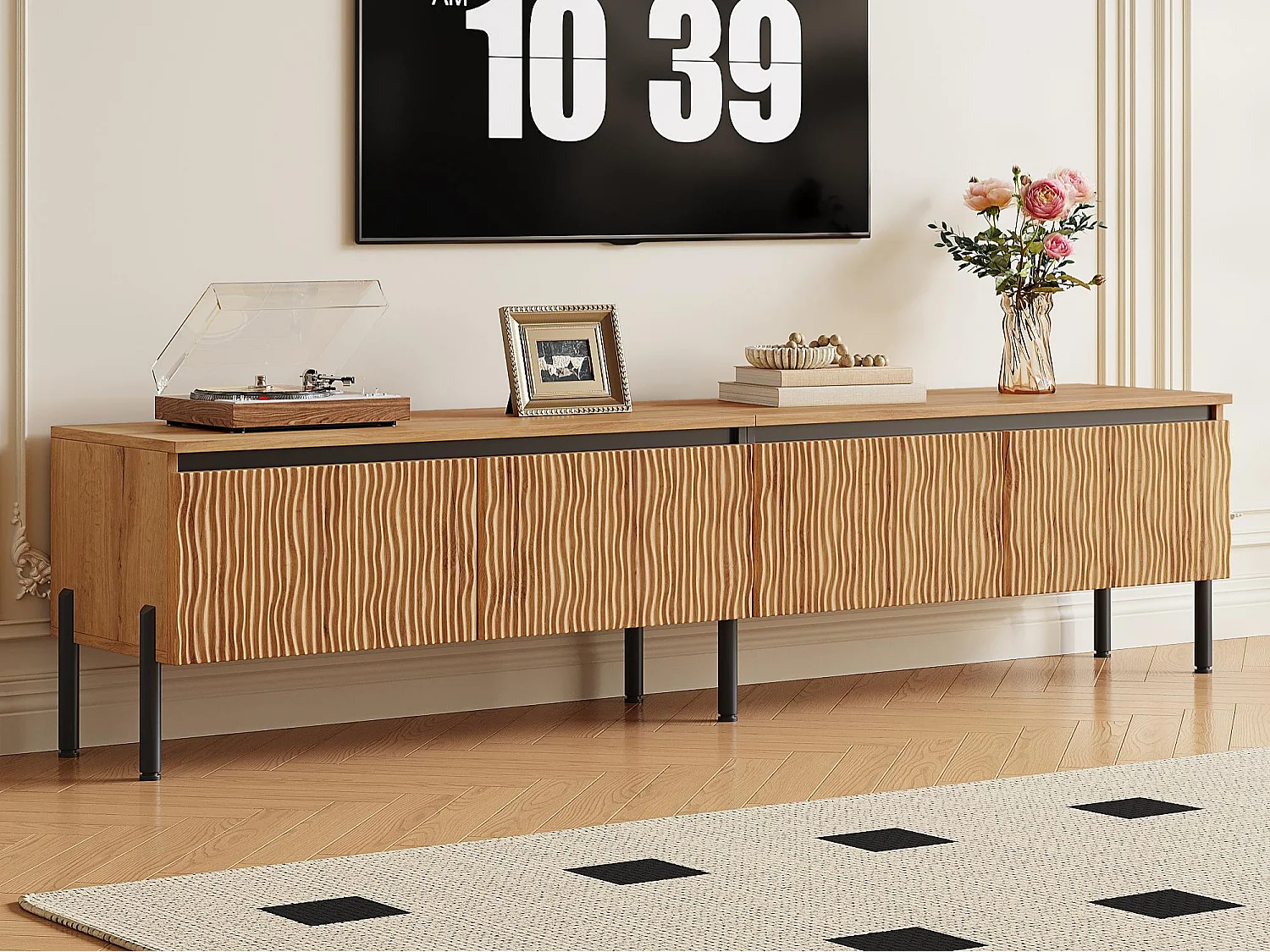 Meuble TV moderne 180x35x43 cm - 4 portes ondulées - Gestion des câbles - Pieds en métal - MDF - Naturel