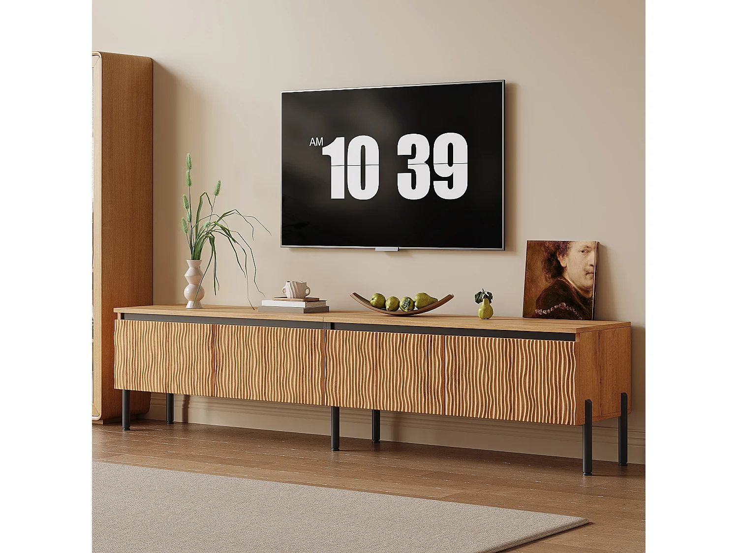Meuble TV moderne 180x35x43 cm - 4 portes ondulées - Gestion des câbles - Pieds en métal - MDF - Naturel