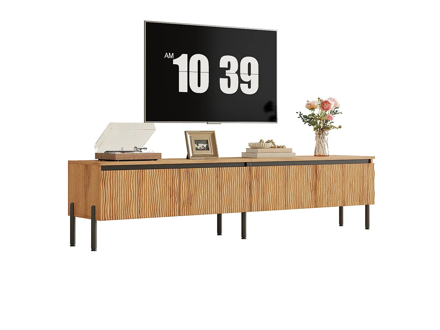 Meuble TV moderne 180x35x43 cm - 4 portes ondulées - Gestion des câbles - Pieds en métal - MDF - Naturel