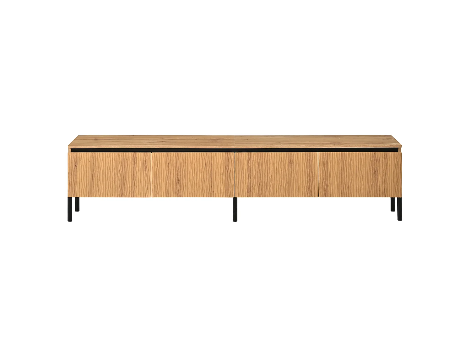 Meuble TV moderne 180x35x43 cm - 4 portes ondulées - Gestion des câbles - Pieds en métal - MDF - Naturel